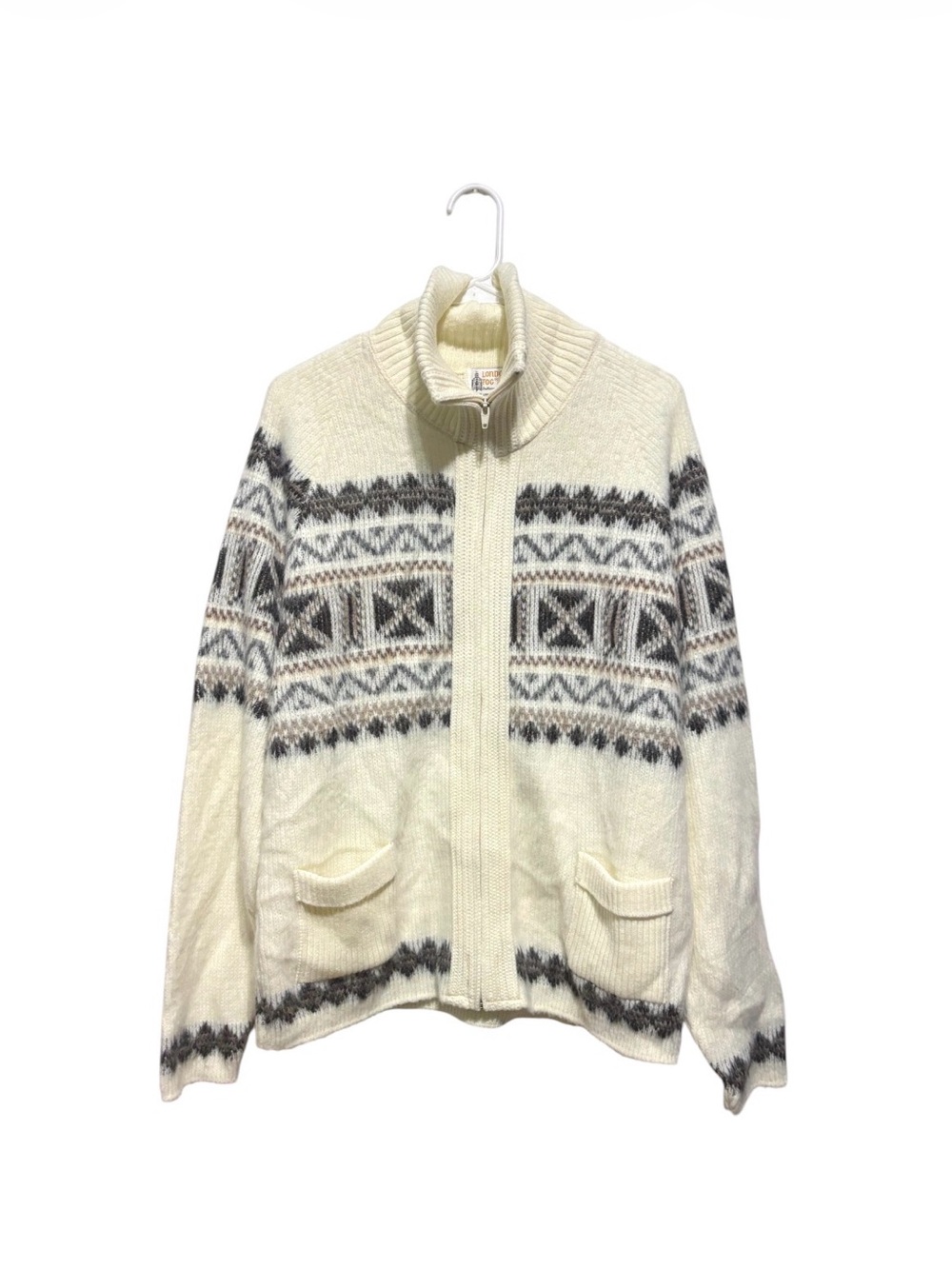 London Fog Cream Fair Isle Zip-Up Sweater Jacket